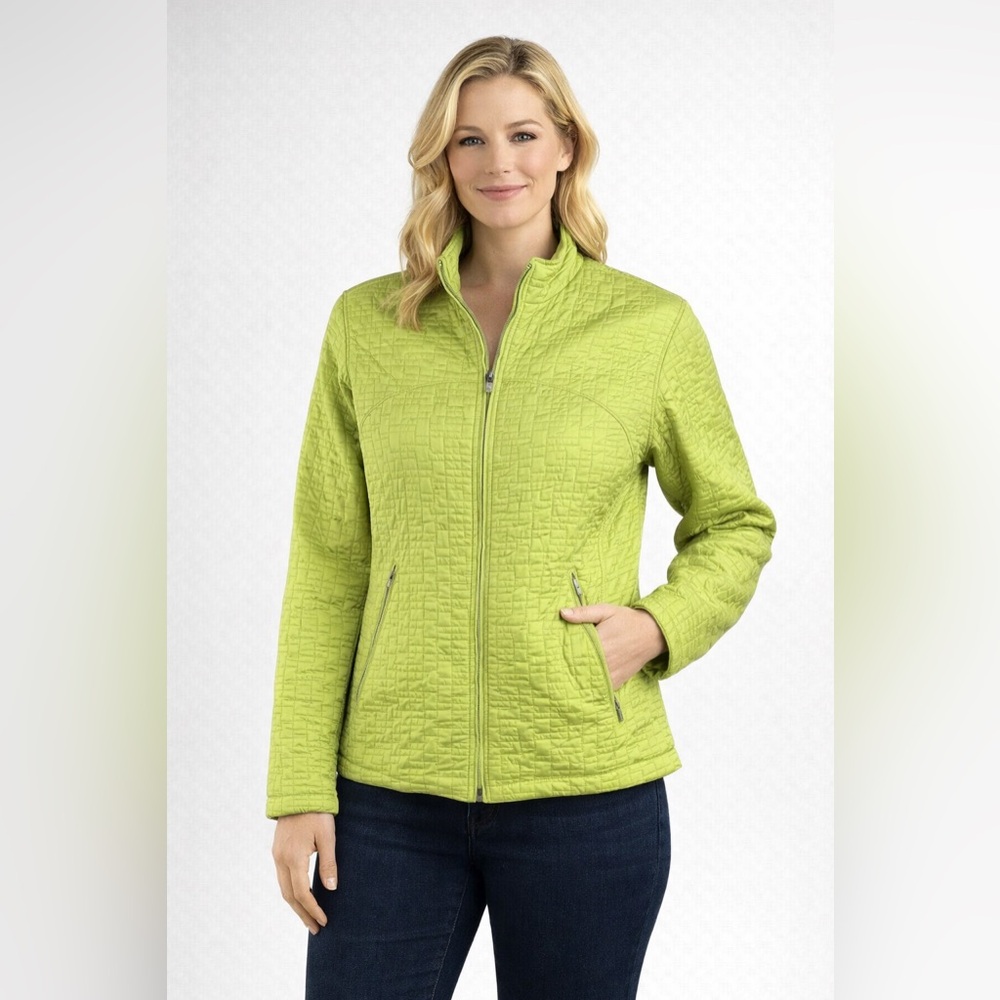Obermeyer Women’s Jacket 12 Green Neon Quilted Ski Zip Pockets Cuffs Feminine